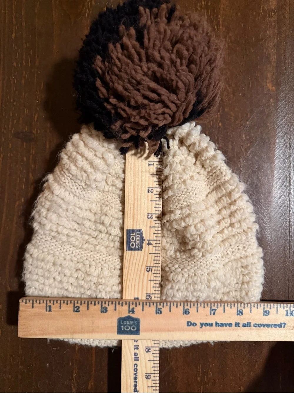 VTG Textured Cream Knit Pom Beanie with Earthy Two-Tone Pom